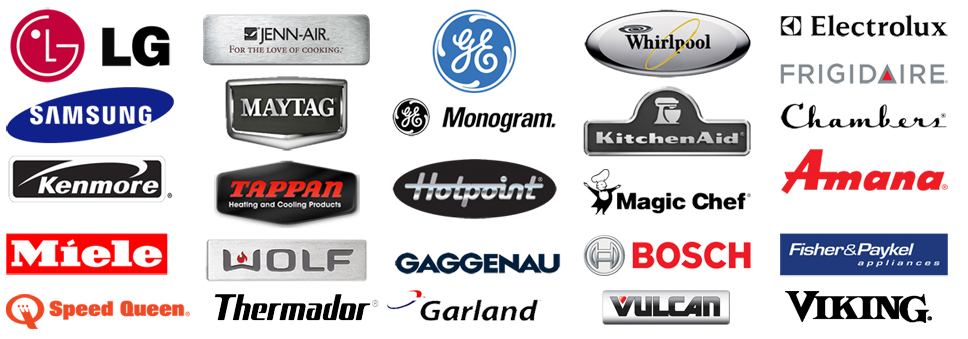 A collection of home appliance brand logos including LG, Jenn-Air, GE, Whirlpool, Electrolux, Samsung, Maytag, GE Monogram, KitchenAid, Chambers, Kenmore, Tappan, Hotpoint, Magic Chef, Amana, Miele, Wolf, Gaggenau, Bosch, Fisher & Paykel, Speed Queen, Thermador, Garland, Vulcan, and Viking